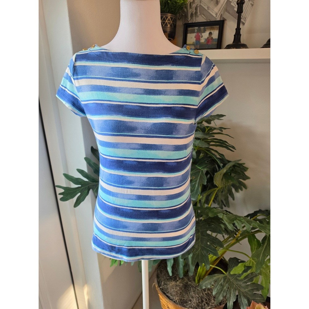 Chaps Petite Blue Striped Boat Neck Top‎ Gold Button Shoulder Cotton PS